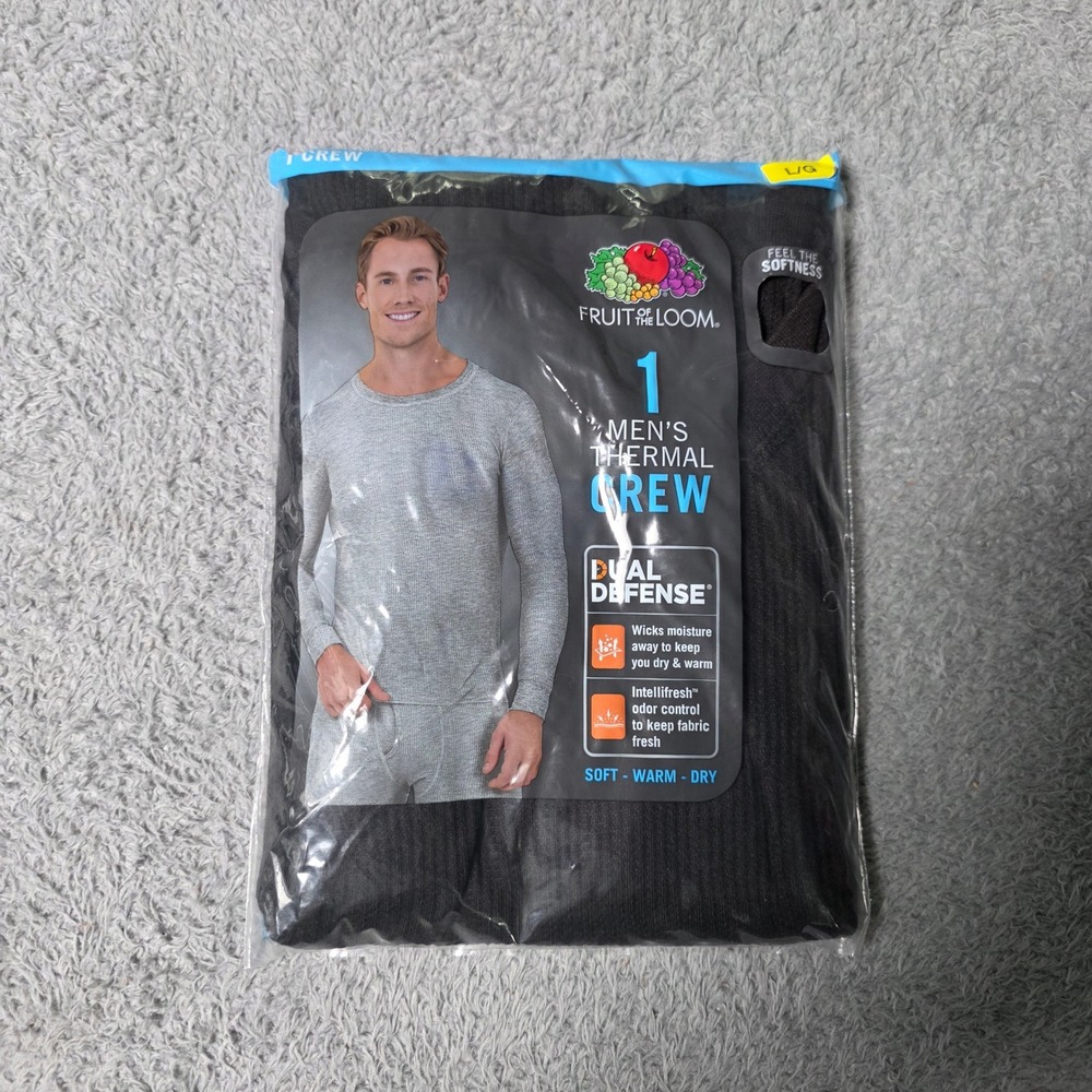 Fruit of the Loom Mens Large Thermal Crew Black Soot Waffle Knit Top 61253-15637